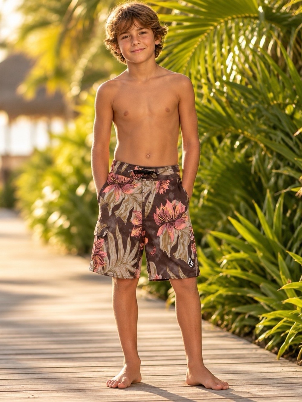 Volcom Boys Mod-Tech Floral Board Shorts Size 26 12Y Surf Swim